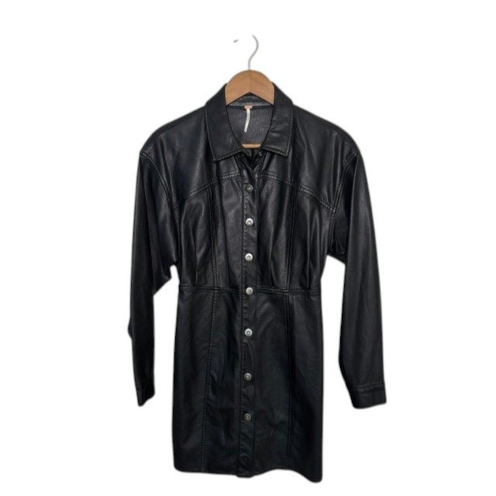 Free People Vegan Leather Grunge Mini Dress Black Button Front Pleated Waist Sz2